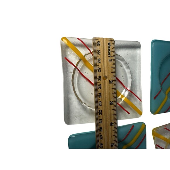 4 Art Glass Fused Artisan Coasters Blue Yellow Red  Trinket bowl Decor Vintage - Picture 9 of 16